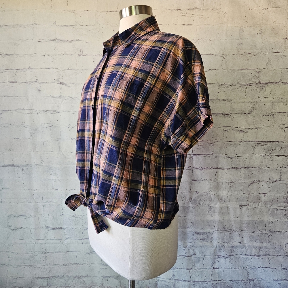 Madewell Plaid Tie Hem Button Front Short Sleeve Shirt Navy Blue Peach Medium - Picture 4 of 12